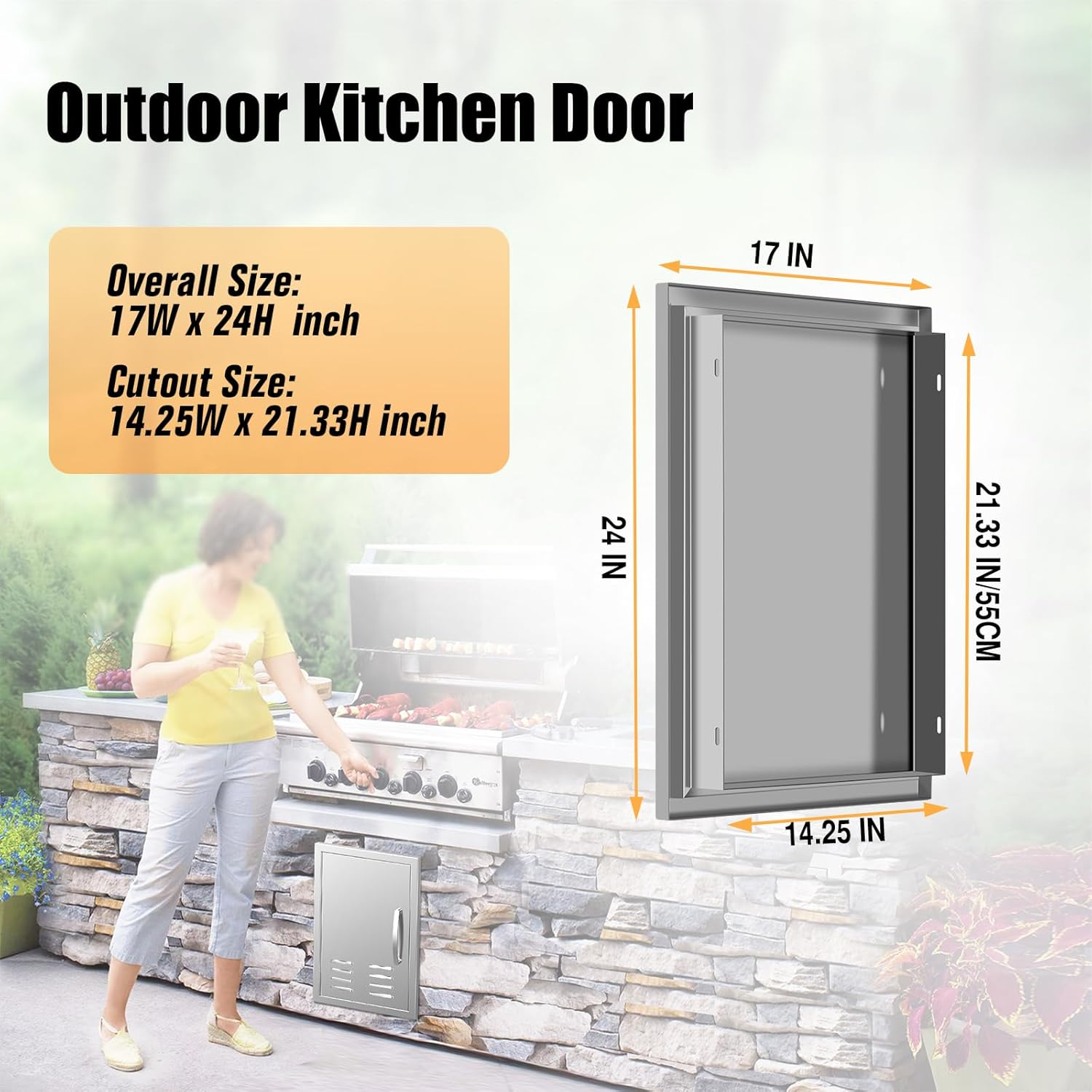 BBQ Access Single Doors 17Wx24H Left Open Flush Mount Stainless Steel Outdoor Kitchen Door with Reinforced Door Hinges and Vents for Outside Cabinets and BBQ Island