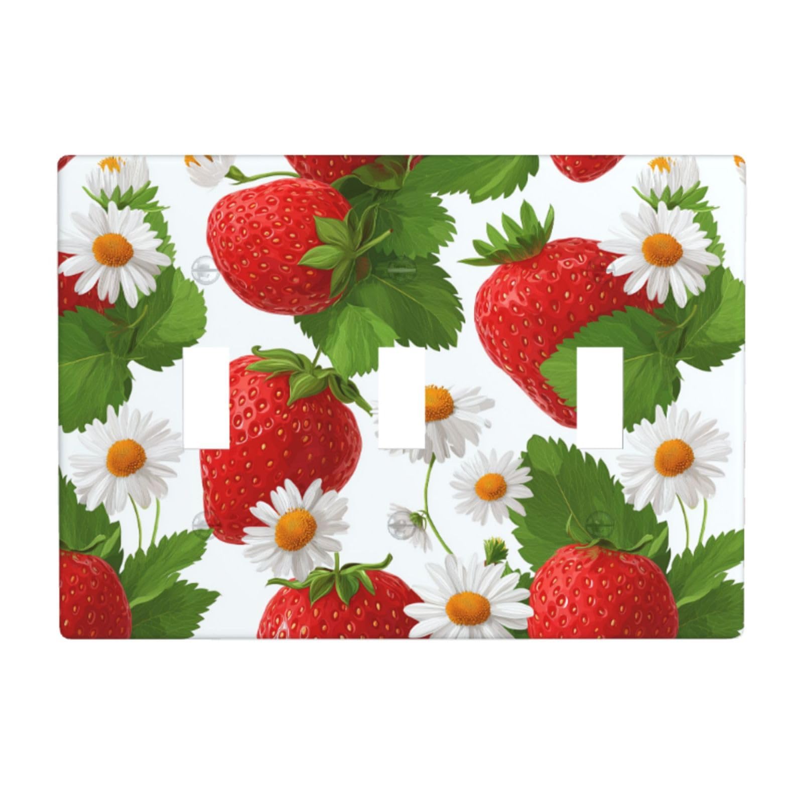 Woshuwo White Red Strawberries Small Daisies Light Switch Covers 3 Gang Triple Toggle Wall Plate Switchplate Electrical Faceplate For Bathroom Kitchen Bedroom Decor