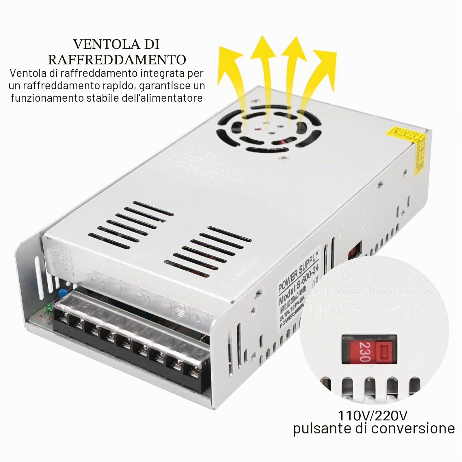 24 V 25 A 600 W Alimentatore a commutazione universale regolabile da AC a DC - Driver LED, trasformatore per monitoraggio, convertitore, adattatore per radio e computer