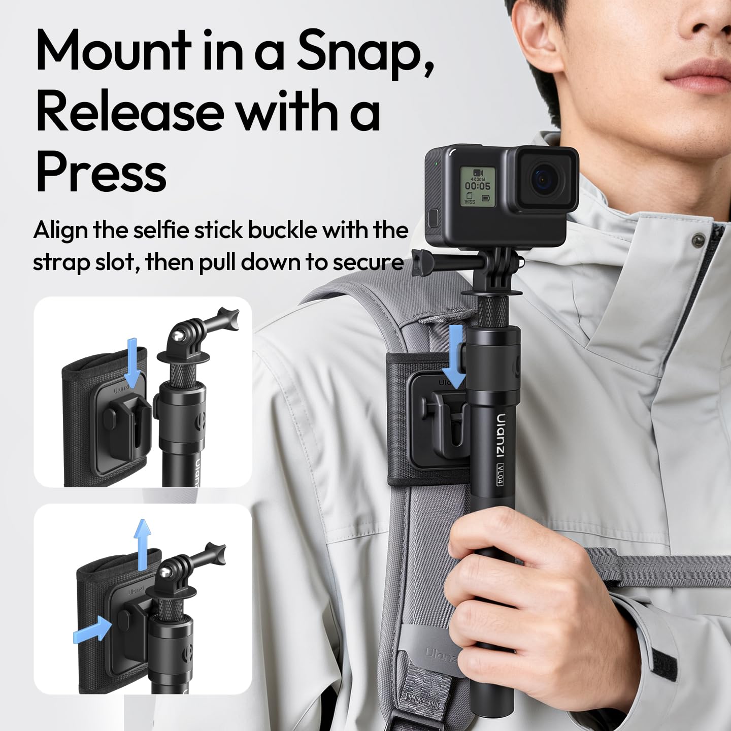 Ulanzi VL04 Kijek do selfie z paskiem na ramię, rozkładany monopod z adapterem do kamer sportowych GoPro, przenośny do Insta 360 X5/4/3 i DJI Pocket 3/Osmo Action 5/4/3