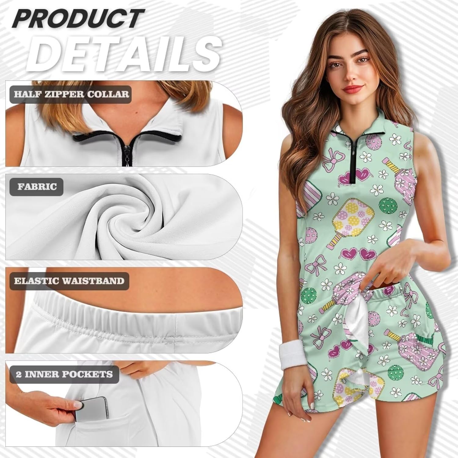 Women's Tennis Golf Dress with Shorts Sleeveless Activewear Zipper Workout Athletic Dresses with Pockets XS-2XL