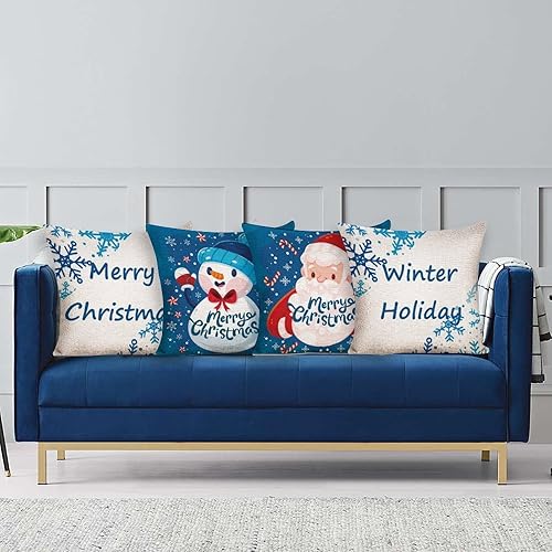 Miniatura 7 de LOHDALOLF Juego de 4 fundas de almohada verdes de Navidad de 18 x 18 pulgadas, fundas de almohada decorativas de copos de nieve con árbol de