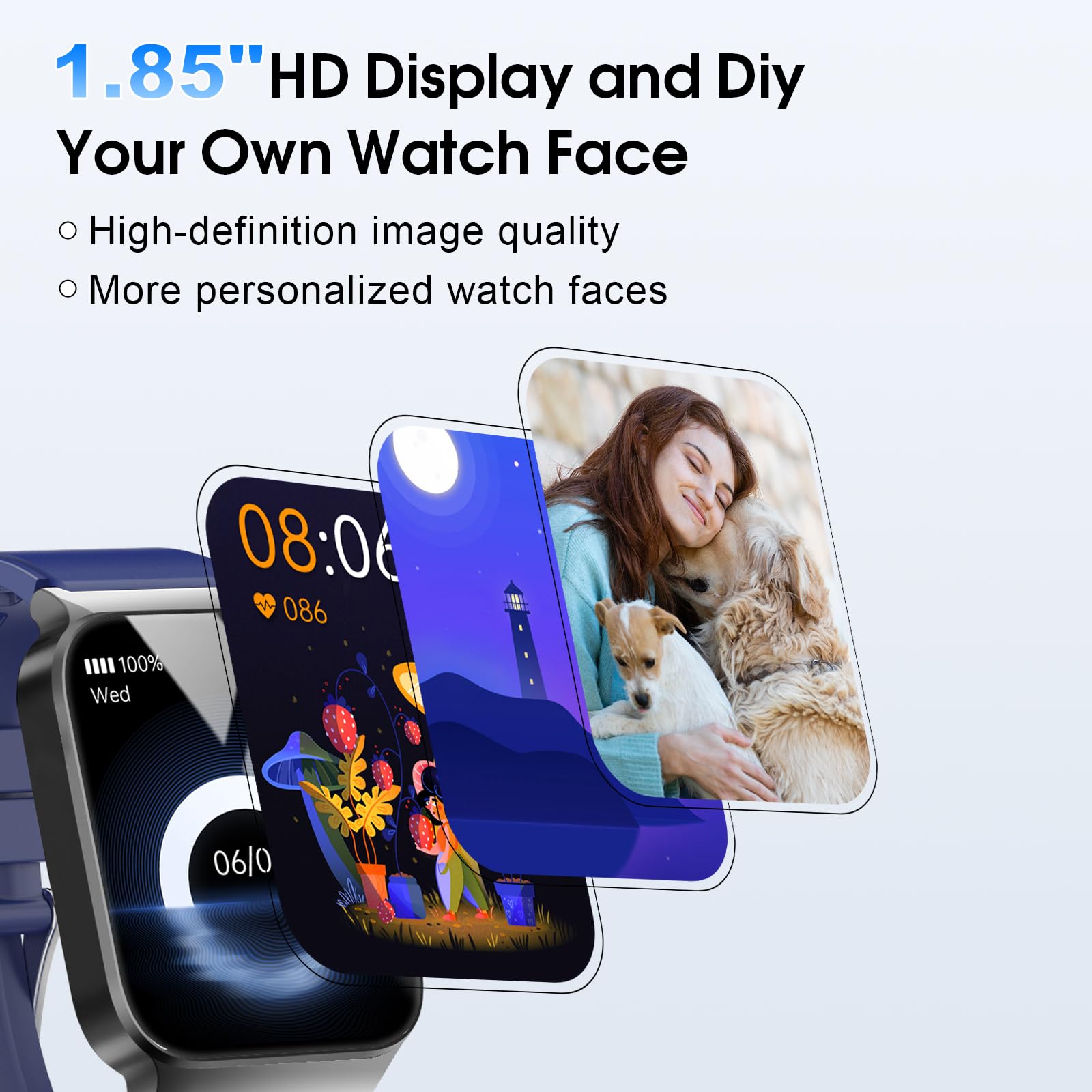 Smart Watch for Men Women Bluetooth Call, 1.85" HD Screen Smartwatch with Heart Rate/Sleep Monitor, 110+ Sport Modes Activity Trackers IP68 Waterproof, Fitness Watch for Android iOS, Black