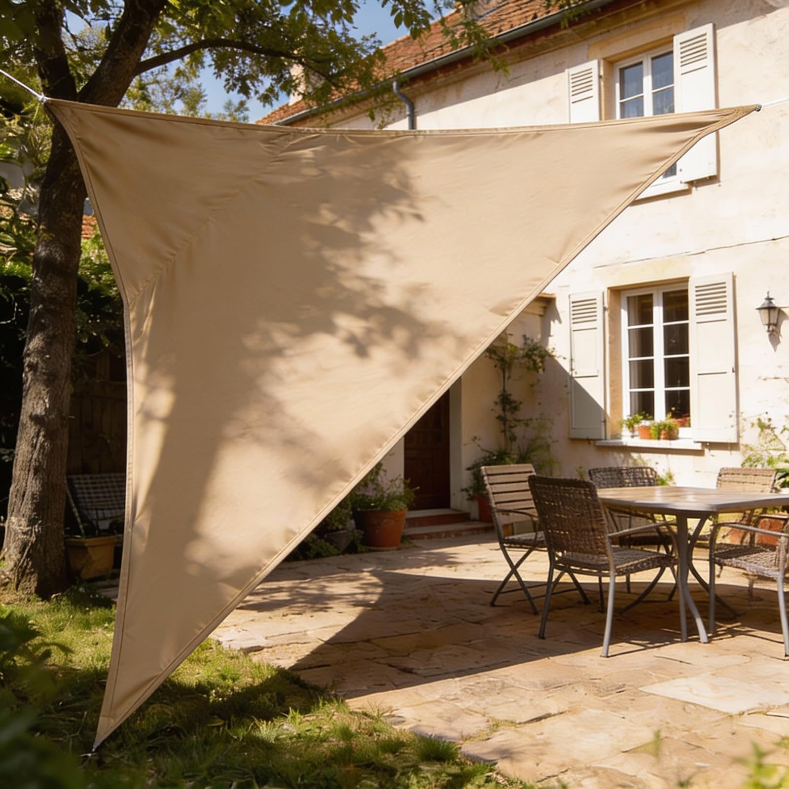 HAIKUS Voile d'ombrage Imperméable Triangulaire 4x4x4m, Toile Ombrage PES Résistant à l'eau, Filet dombrage Triangle 4m Résistant 98% Protection Rayons UV pour Patio Jardin Extérieur, Sable 4x4x4