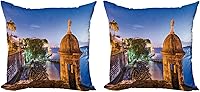 Vista 9 de Lunarable Juego de 2 fundas de cojín de Puerto Rico, diseño de Coast at Paseo de la Princesa, diseño de elementos arquitectónicos de estilo retro