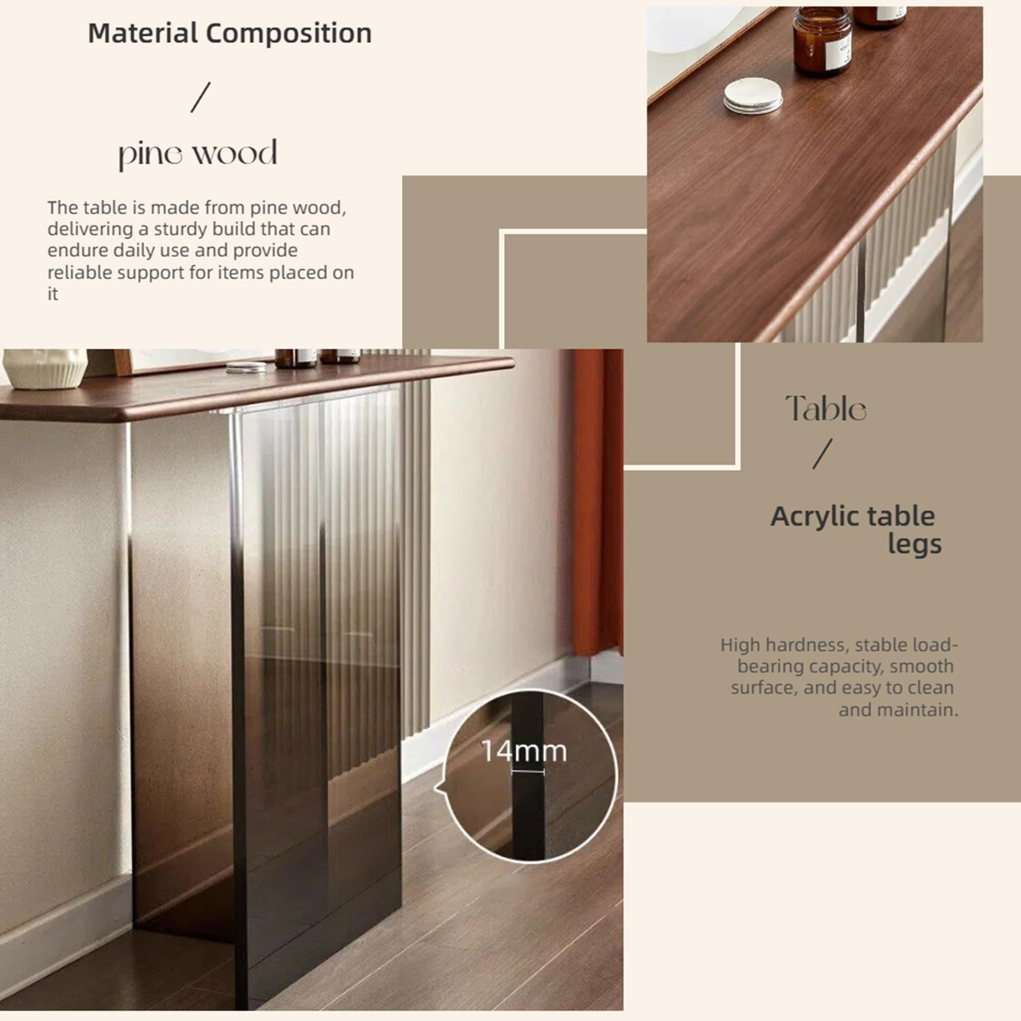 Tavolo da ingresso moderno, console stretta con gambe in acrilico e piano in legno massello, elegante mensola accento per soggiorno, corridoio, atrio, marrone, 80 cm