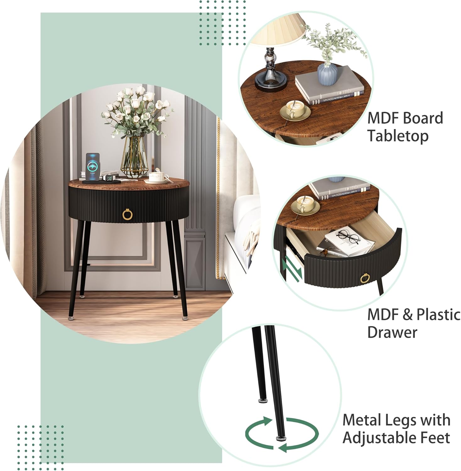 OIOG Side Tables Set of 2, Round Nightstand with Drawer, Modern Bedside End Tables for Small Space, Living Room, Bedroom, Office, Dorm, Rustic Brown and Black