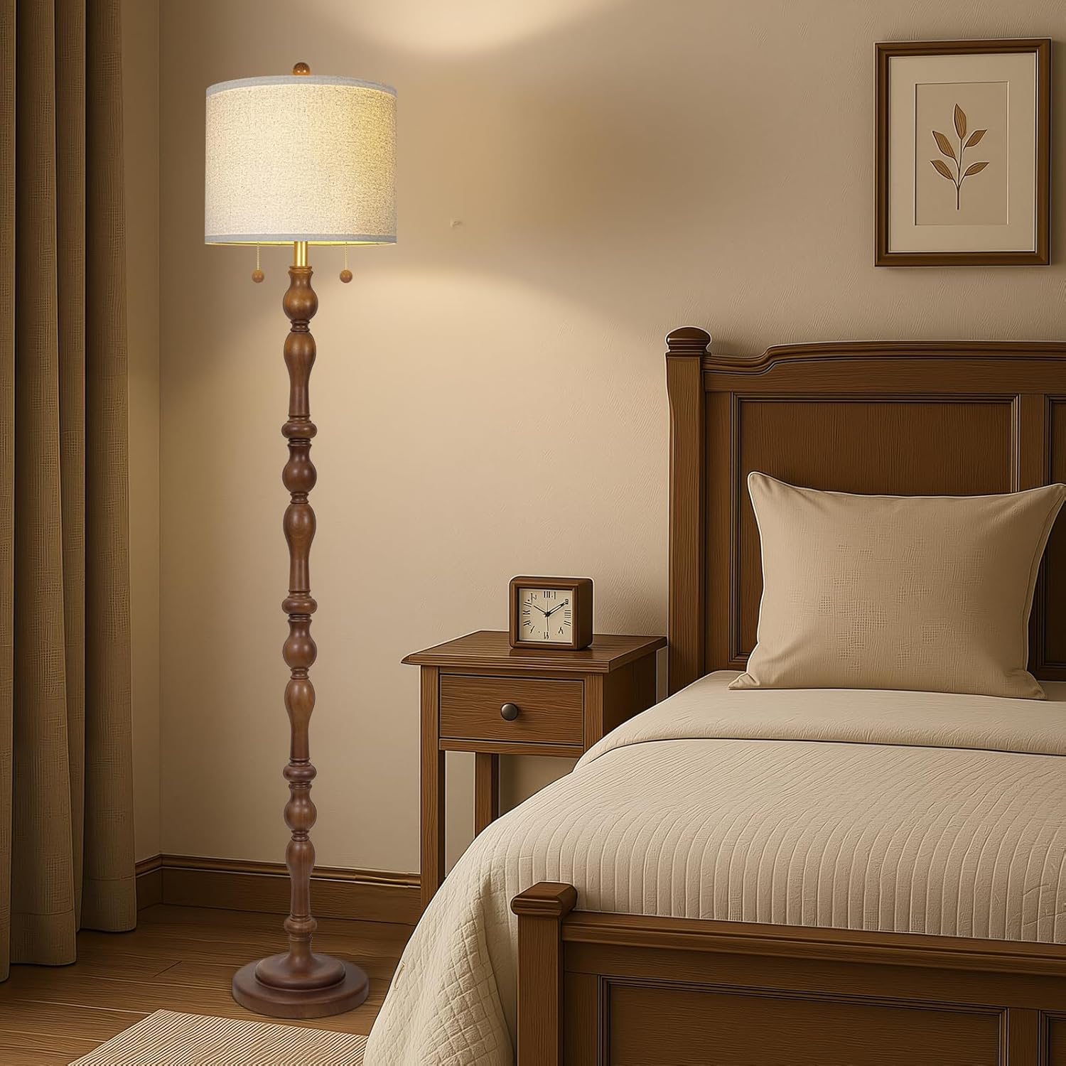 65.5" Natural Real Wood Floor Lamp with S Cluster Pull Chains Dual Switch,Wood Base Standing Lamp,Rustic Tall Lamp with Linen Shade,Farmhouse Floor Lamp for Living Room,Bedroom,Office(Bulb Included)