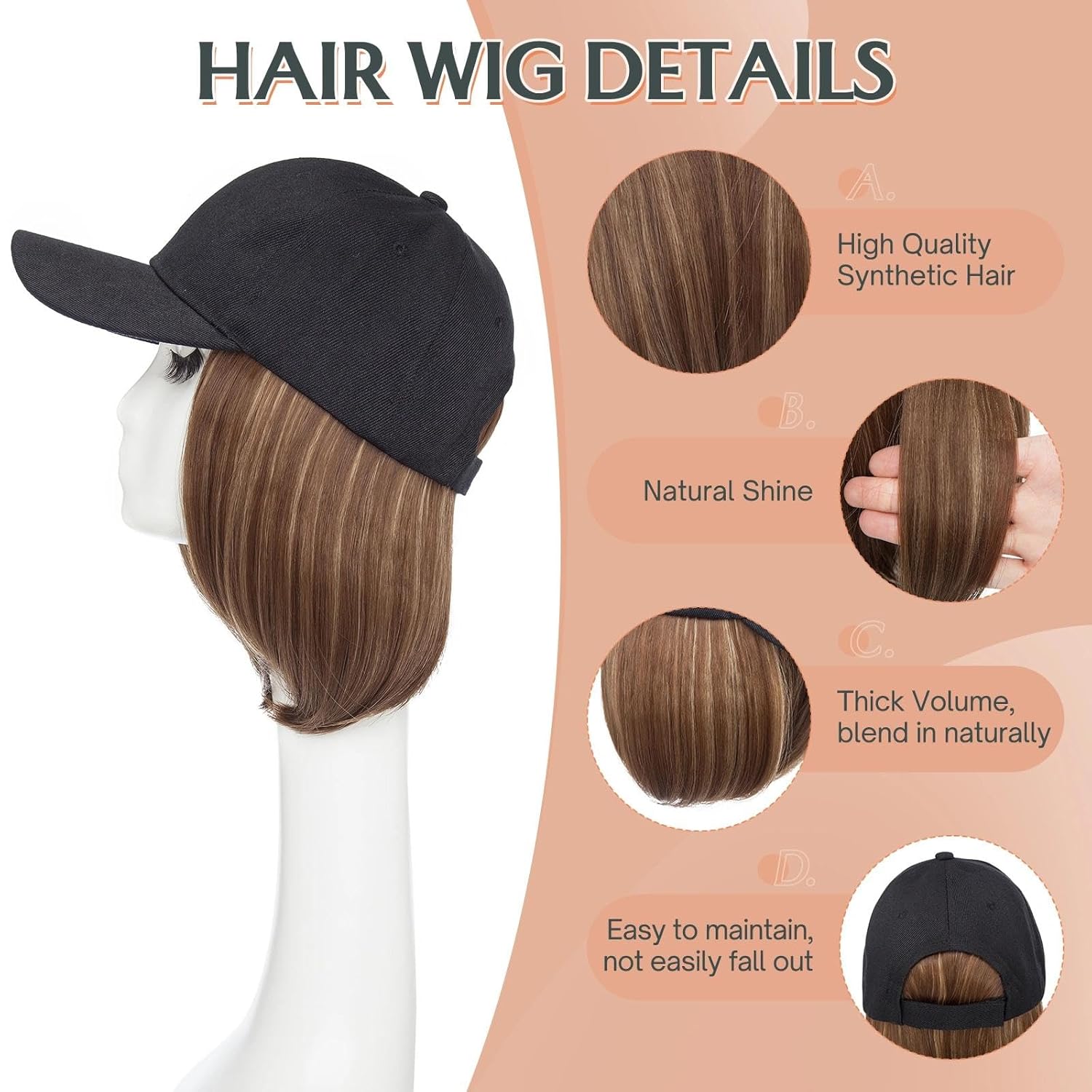Benehair Hat Wig Extensions, Baseball Cap with Synthetic Hair Attached, Adjustable Wig Hairpieces for Women Daily Outdoor, 6 Inch Short Straight Bob Medium Brown Mix Dark Blonde Hair with Black Cap