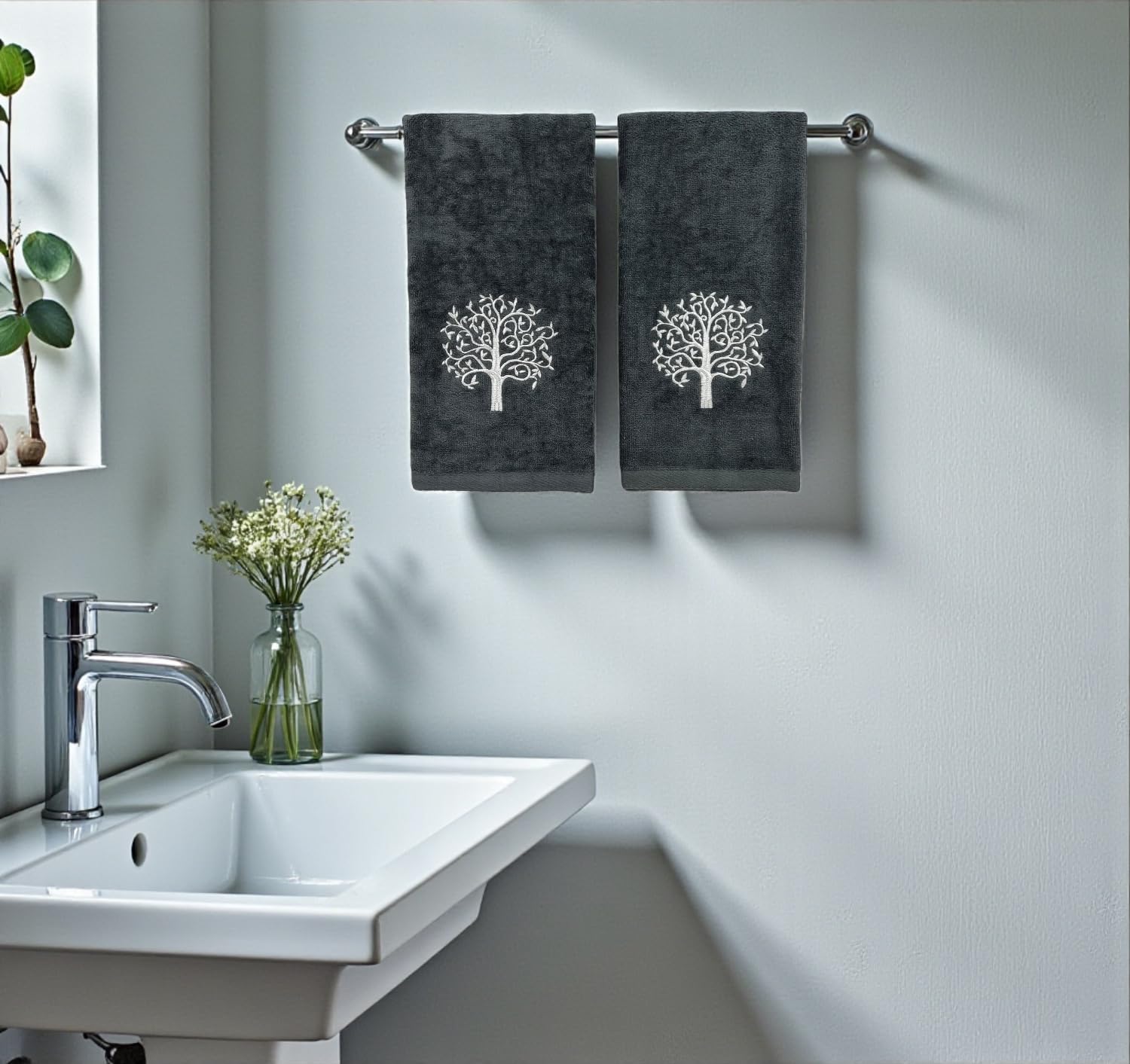 Serafina Home Tree of Life Bath Hand Towels Bathroom Decor Farmhouse: Grey Gray Cotton Towels with Embroidered White Ornate Tree, 2 Piece Set - Image 7