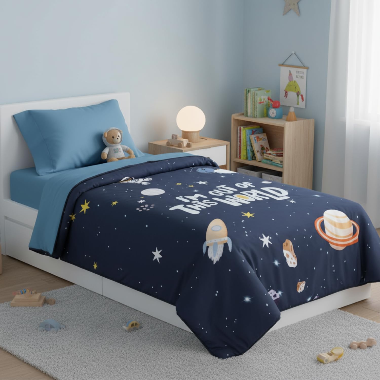 haus & kinder Kids Quilt Blanket | 100% Cotton Quilt for Kids Boys & Girls | Soft Breathable Lightweight Toddler Blanket for All Seasons | Space Theme Bedding Quilt | 180x140 cm | Navy-image-10