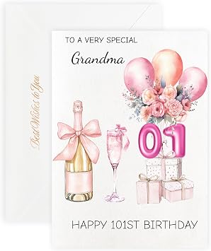 MAGJUCHE 101st Birthday Cards for Grandma, Pink Happy Birthday Cards, with Envelope and Wax Seal, 5x7 inch