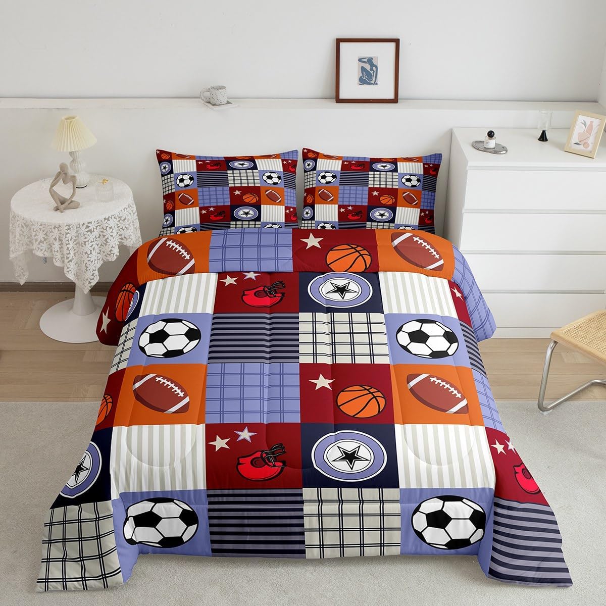 Firemen Boys Comforter Set Queen Size,American Flag Geometric Stripes Firefighter Bedding Set,Boys Men Room Decor,Fire Fighting Truck Tools Down Comforter,Red Black Retro Duvet Insert,2 Pillowcases