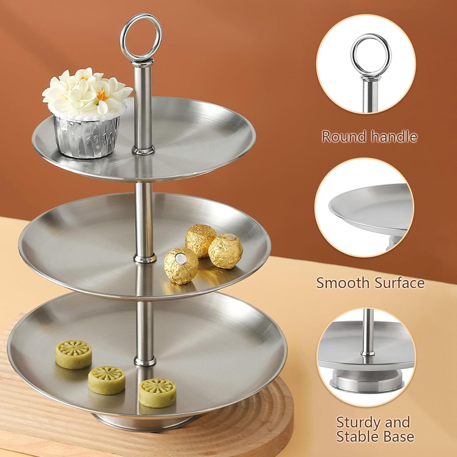 3 Tier Silver Metal Cupcake Stand Holder,Stainless Steel Cup Cake Stand Tower with Tiered Serving Tray and Base for Parties,Weddings,Birthdays and Any Festivals and Celebrations(2 Pack)