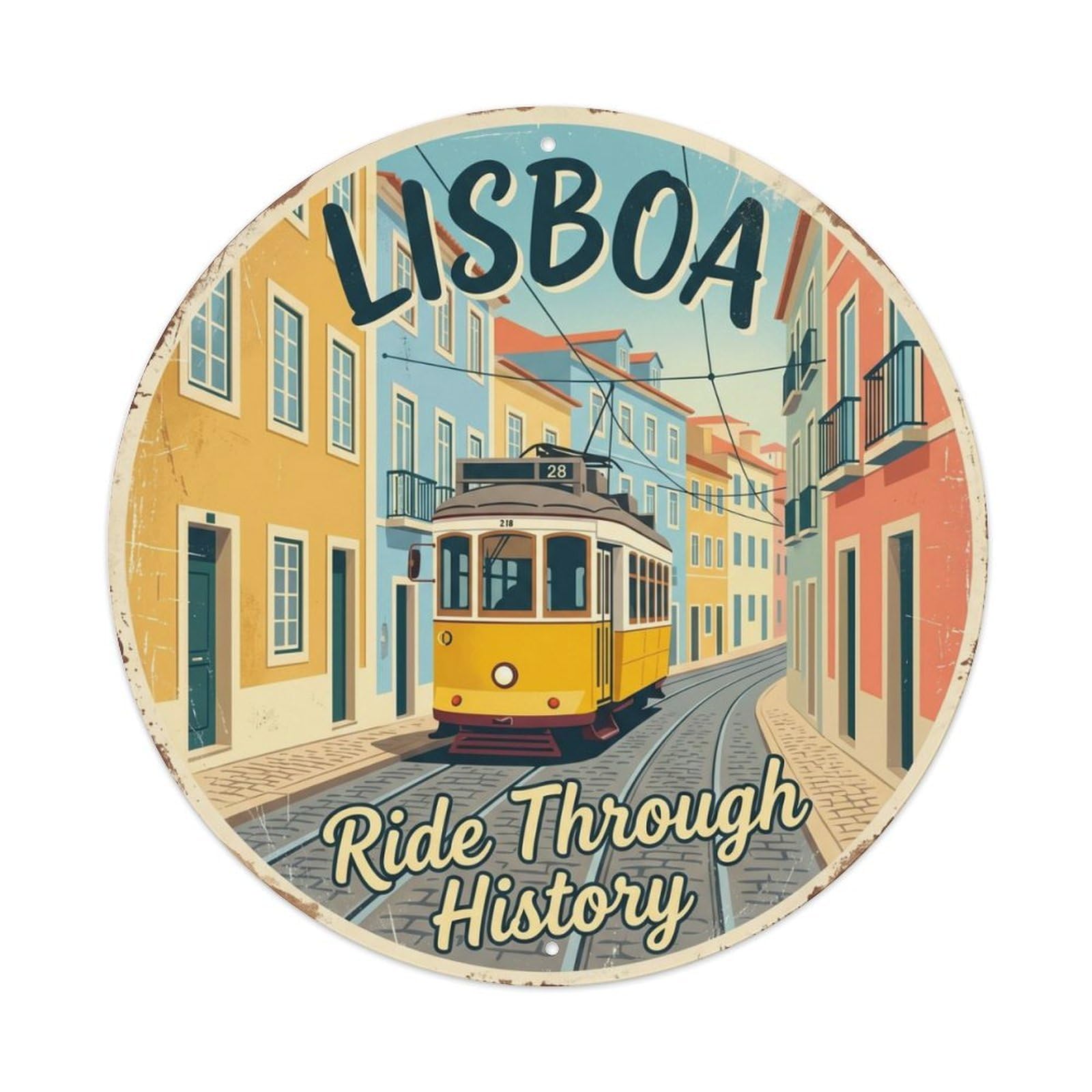 Vintage Travel Tram Lisbon Portugal Metal Tin Sign Plaque Wall Decor for Cafe, Club, Garden Round Metal Poster 8x8Inch