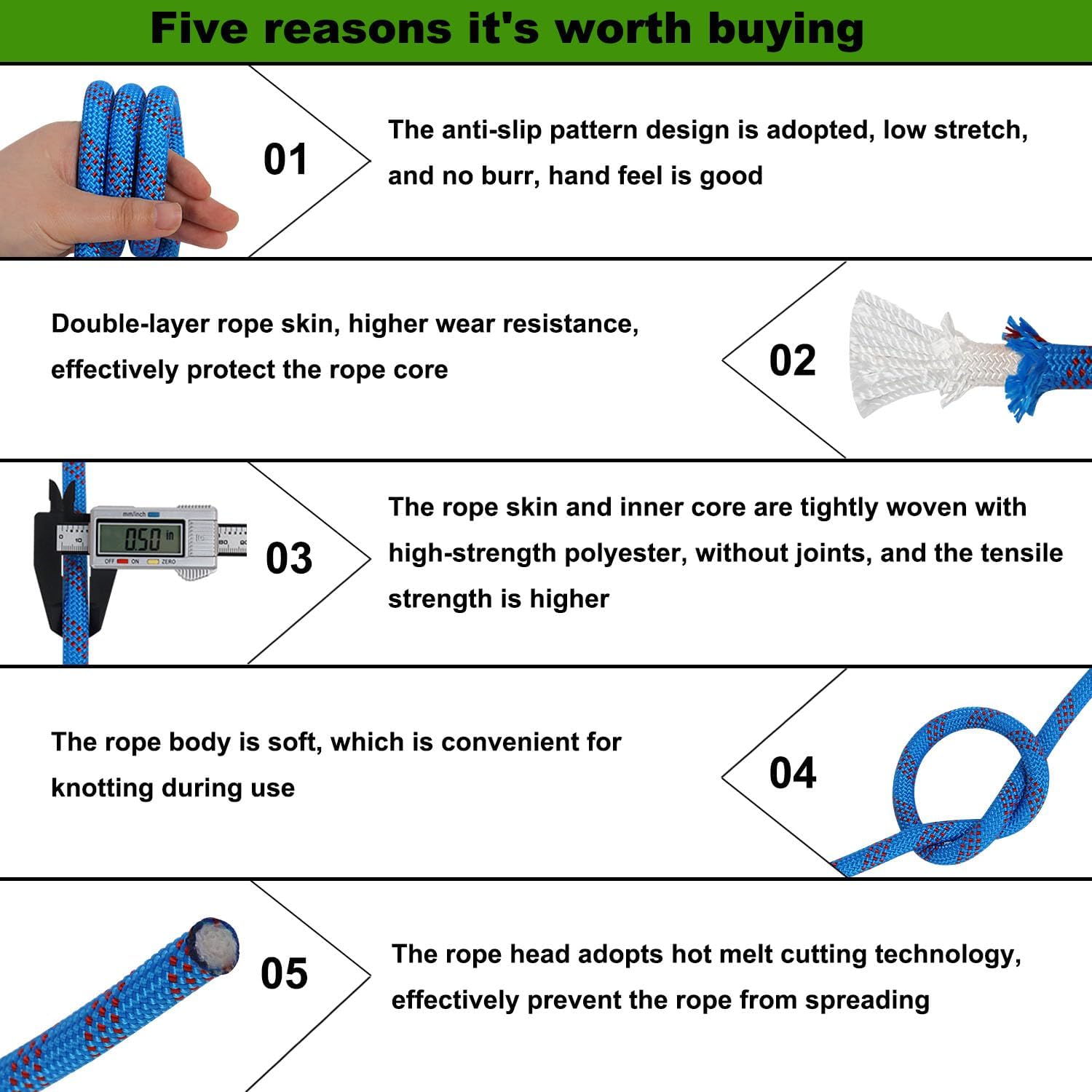 Double Braided Arborist Rigging Rope (1/2 in x 200 ft) Strong Polyester Rope 48 Strands for Tree Work Climbing Pulling Swing Sailing, Blue/Red