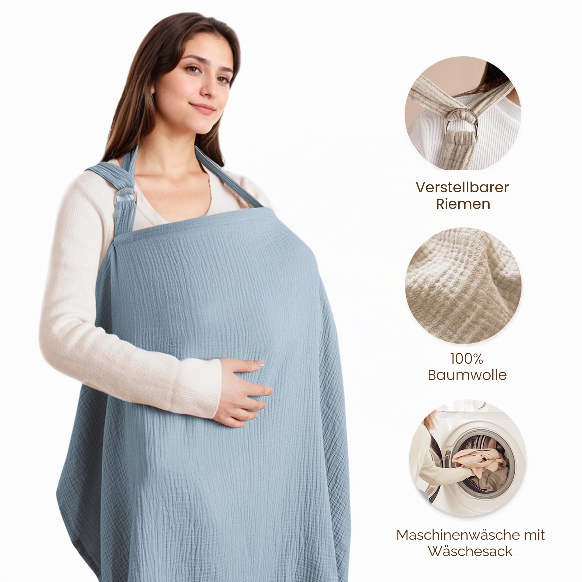 Konssy Musselin-Abdeckung zum Stillen von Babys, atmungsaktiv, 100% Baumwolle, Stillbezug mit starrem Reifen für Mutter, Stillschürze, Mehrzweck-Autositz-Baldachin (Blue)