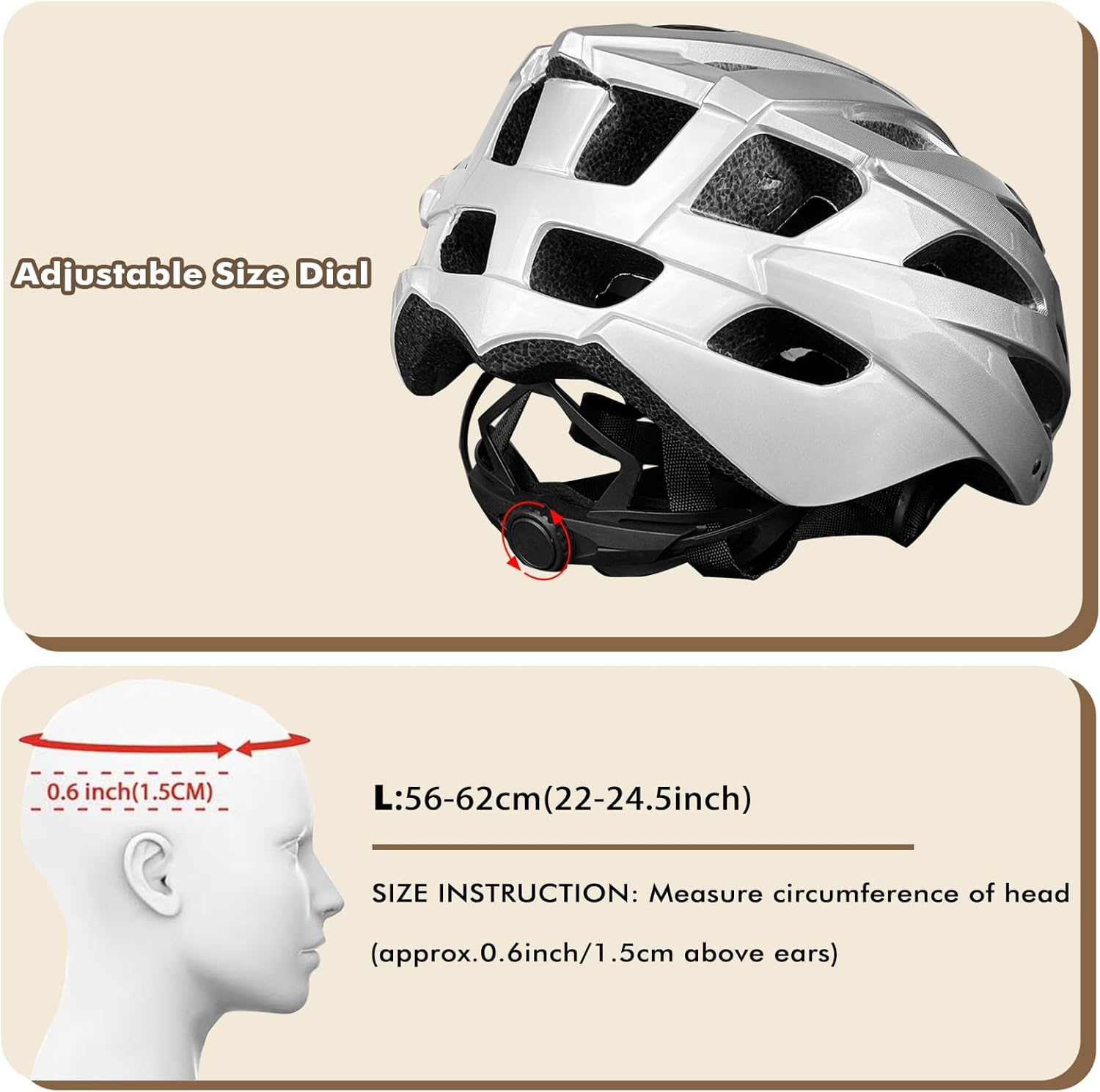 Road Bike Helmet Adult Men & Women, Adjustable Lightweight Design (22-24.5 Inches) - Vented, Removable Visor & Reflective White, for Day and Night Commuting & Sports | CPSC Certified - Image 5