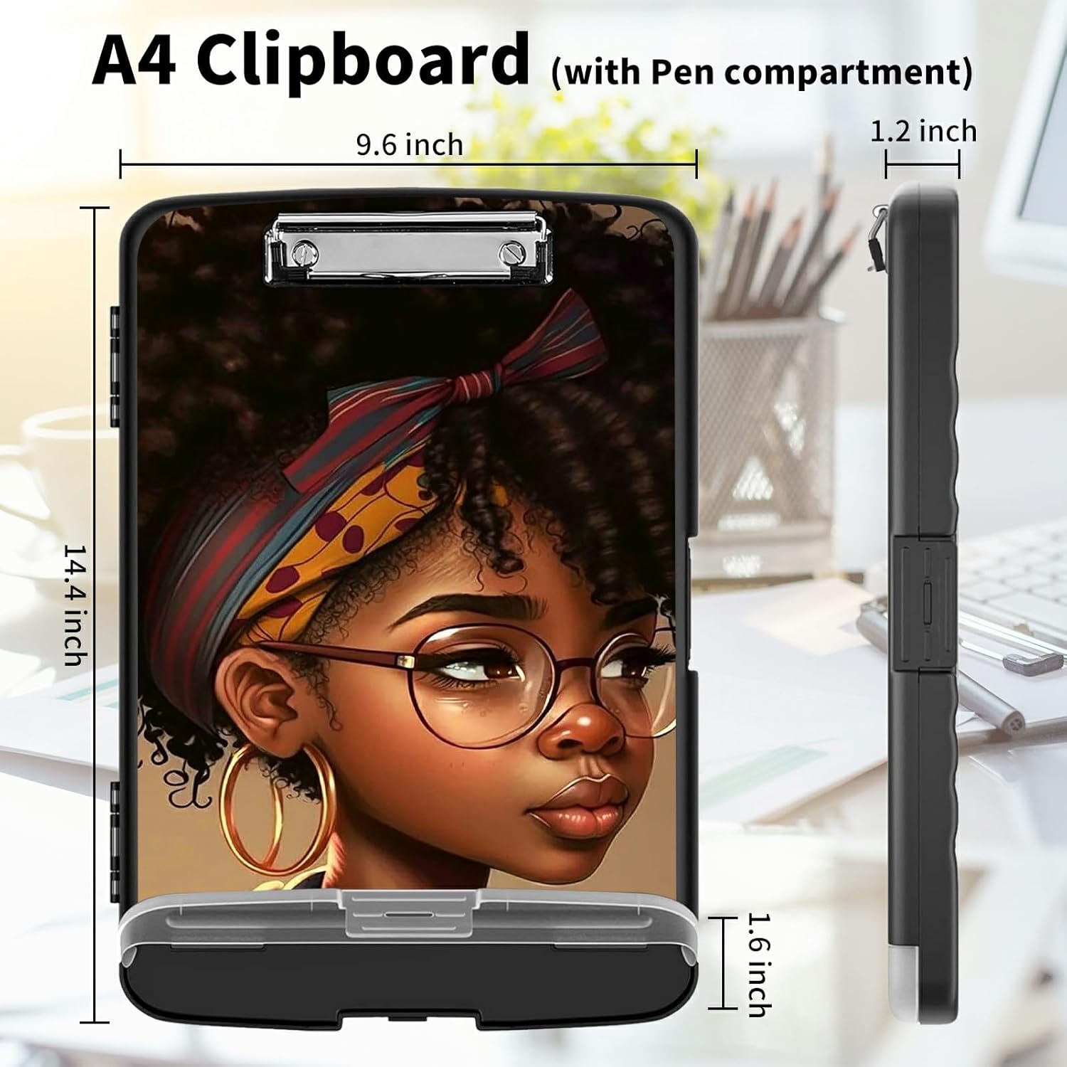 Clipboard with Storage High Capacity Plastic Nursing Clipboards with Pen Holder File Folder Storage Box Clipboard with Heavy Duty Clips for Teacher,Doctor,Offices-Black African American