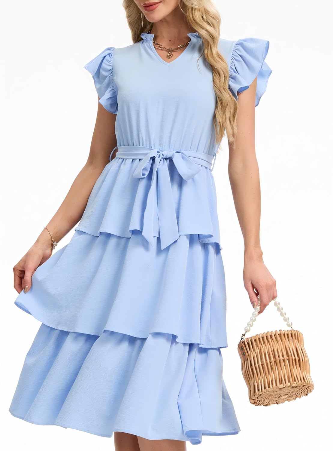 Women's Ruffle Sleeve Tiered Midi Dress V Neck Belted Flowy Layered Summer Sundress - Image 8