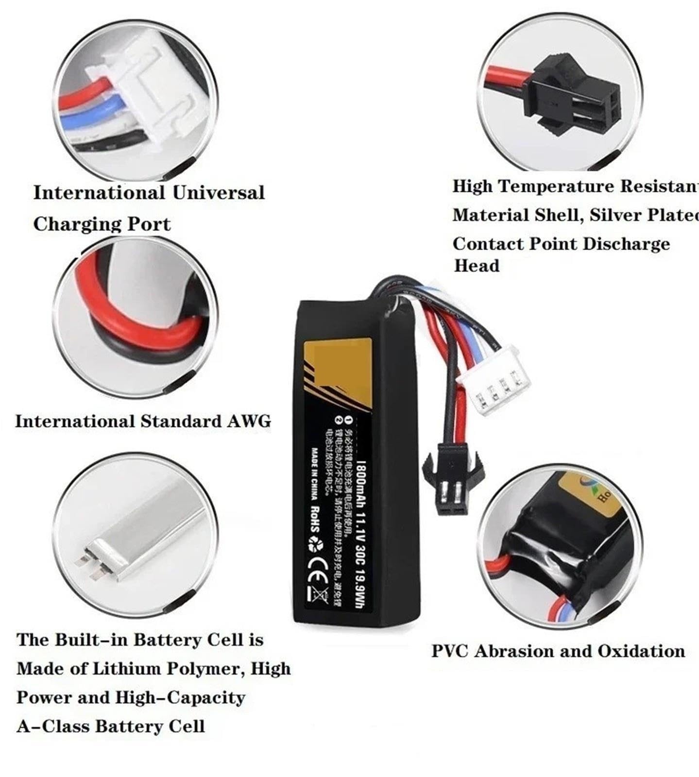 Batería de polímero de Litio de 4 Piezas 1800 mAh 30 C T 11,1 V, for Accesorios de Juguete acuático de Coche RC