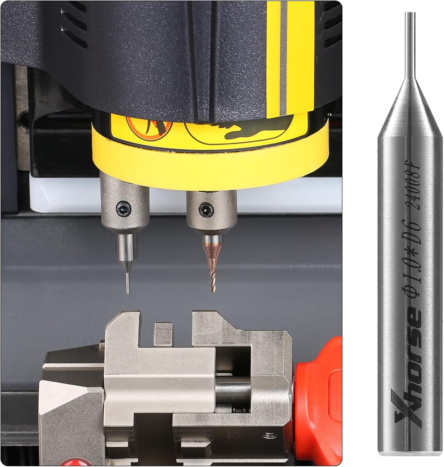 Xhorse 1.0mm Tracer Probe installed in a key cutting machine next to a cutter