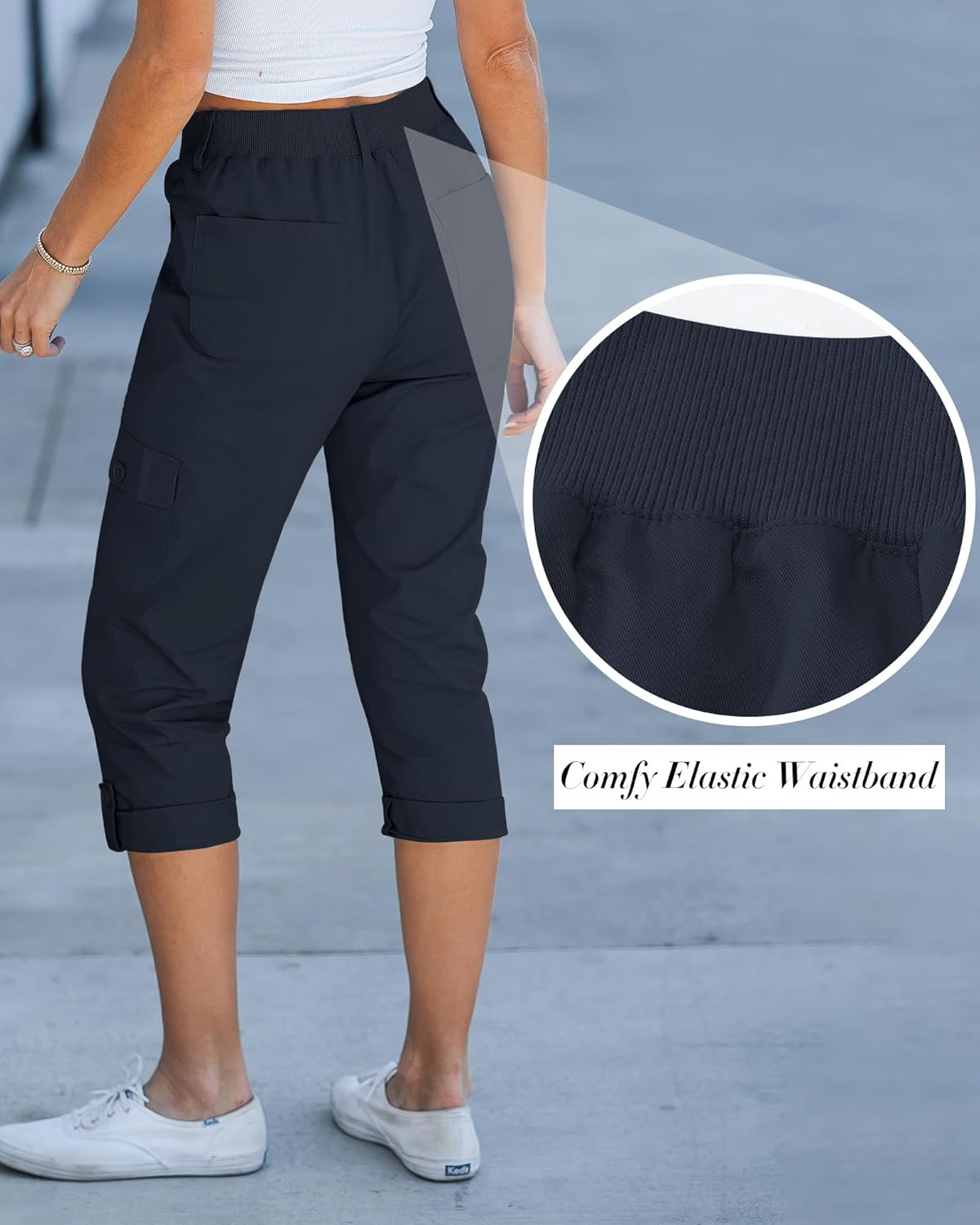 GRAPENT Cargo Capri Pants for Women High Waisted Relaxed Fit Elastic Knit Waist Casual Capris Trousers Cropped Pants - Image 4