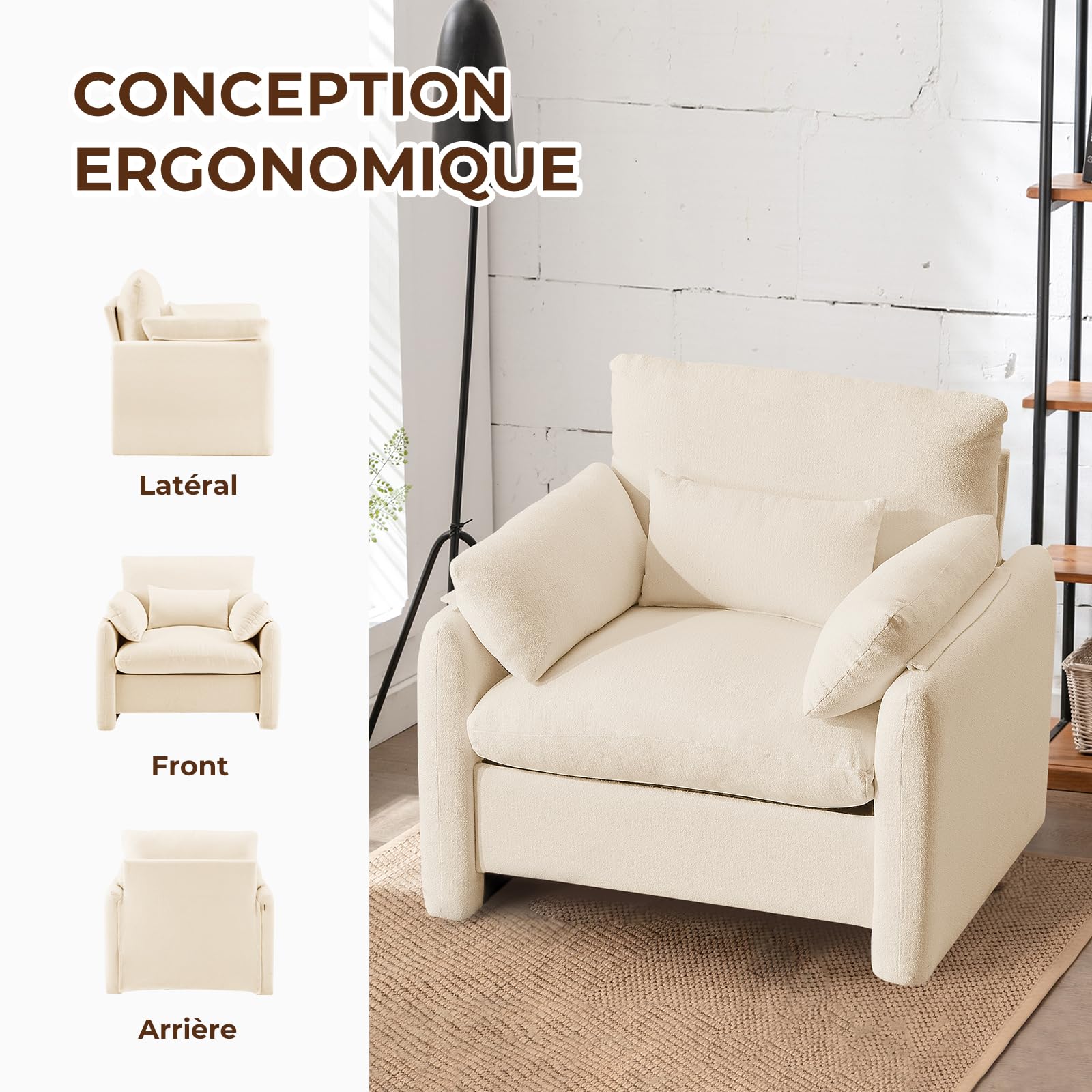 Extra-Grand Poltrona Salotto, 93.5cm Divano Singolo Poltrone Camera da Letto con Braccioli Rimovibili e Cuscino, Poltrona Imbottita Relax per Salotto Soggiorno Camera da Letto, Beige