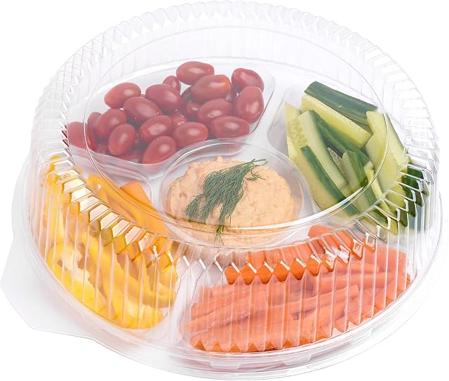 STACKABLES Pack of 3 Plastic Compartment Trays with Dome Lids - Reusable Serving Platters for Parties - Compartment Appetizer Platter - 5 Sections - Clear - 12" (30.4cm)
