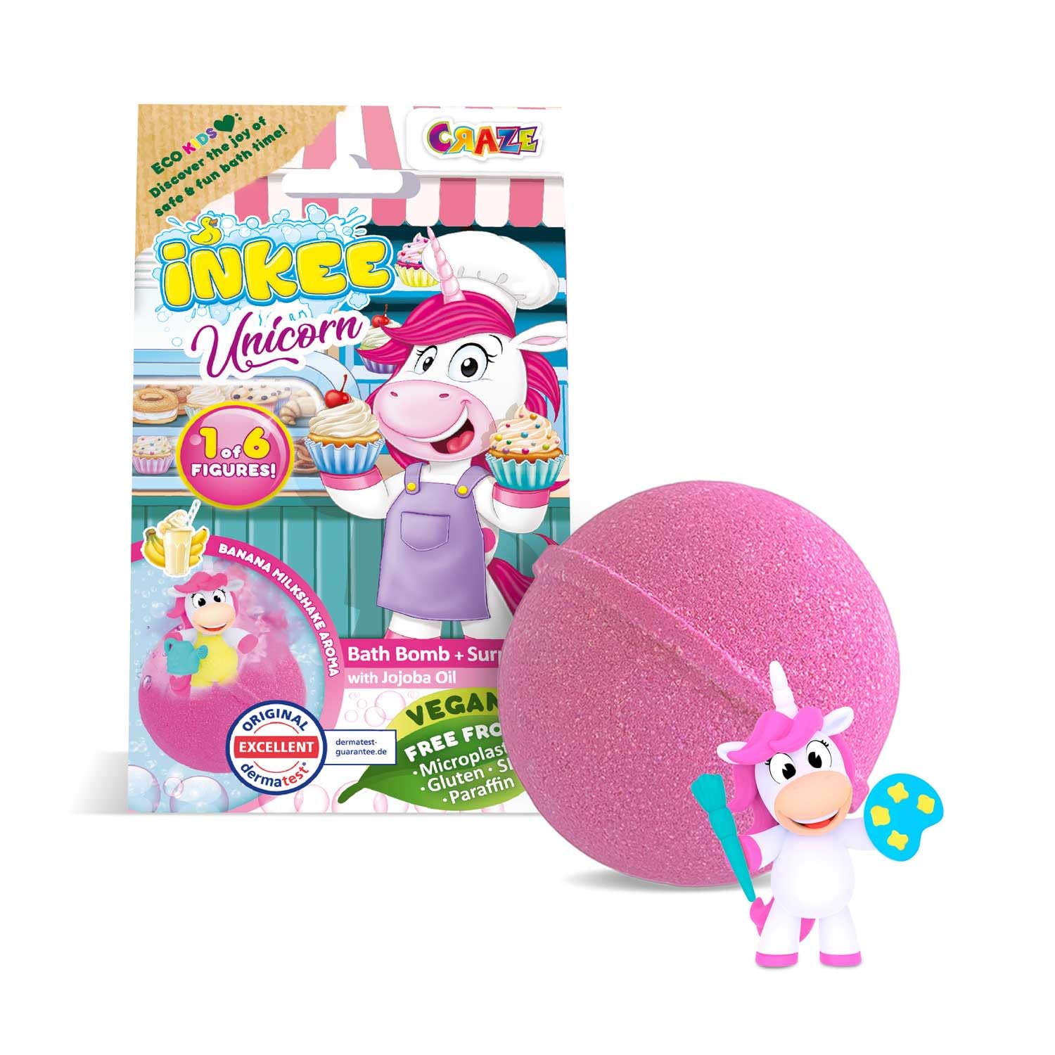 INKEE Unicorn Professions Children's Bath Bomb with Unicorn Surprise Figure, Banana Shake Flavour, 1 of 6 Unicorn Design with Different Professions, Colour Pink or Green, Gluten Free
