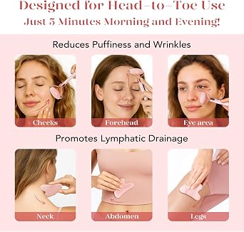 BAIMEI Double Sided Skin Massager with Rose Quartz Roller & Gua Sha Set Box and pouch