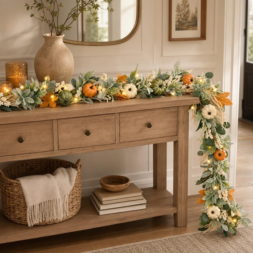 9 FT Fall Garland with Lights, Extra Long Fall Garland for Mantel