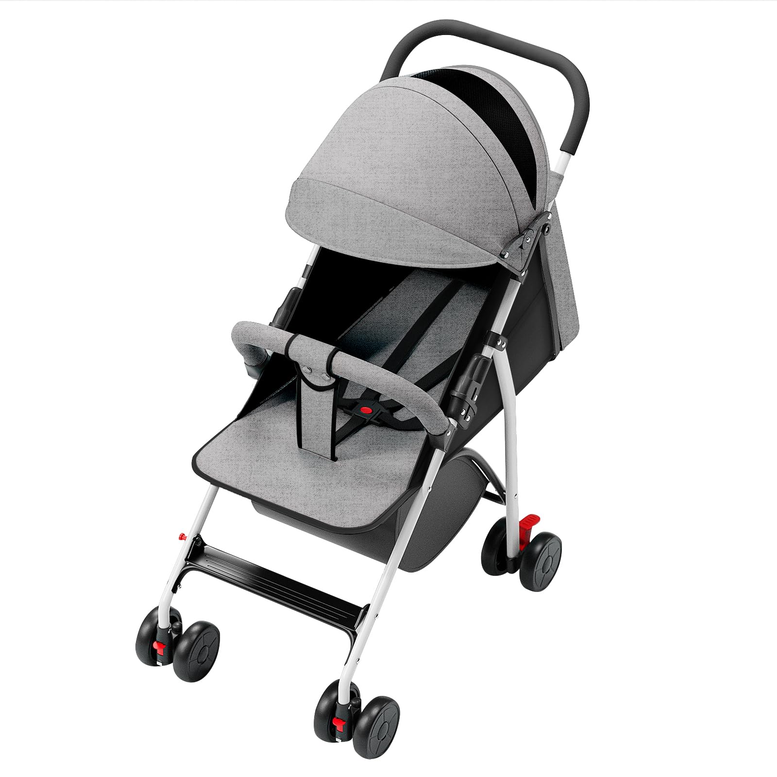 Passeggino fino a 10 kg da 6 mesi a 4 anni, ruote girevoli a 360°, schienale regolabile e tettuccio regolabile in altezza, XL + cestino grande, pieghevole veloce (grigio)