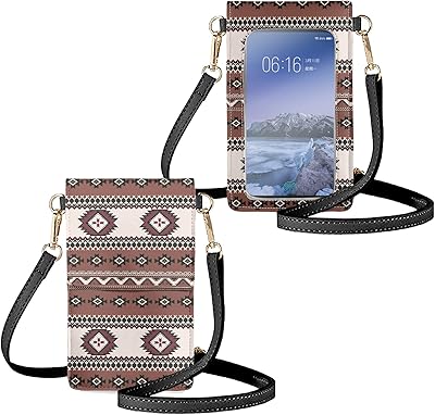 WELLFLYHOM Aztec Cell Phone Purse Crossbody Bag for Women Shoulder Handbag Southwestern Tribal Ethnic Baja Print Mini Touch Screen Phone Pouch with Strap Leather Wallet Messenger Bags