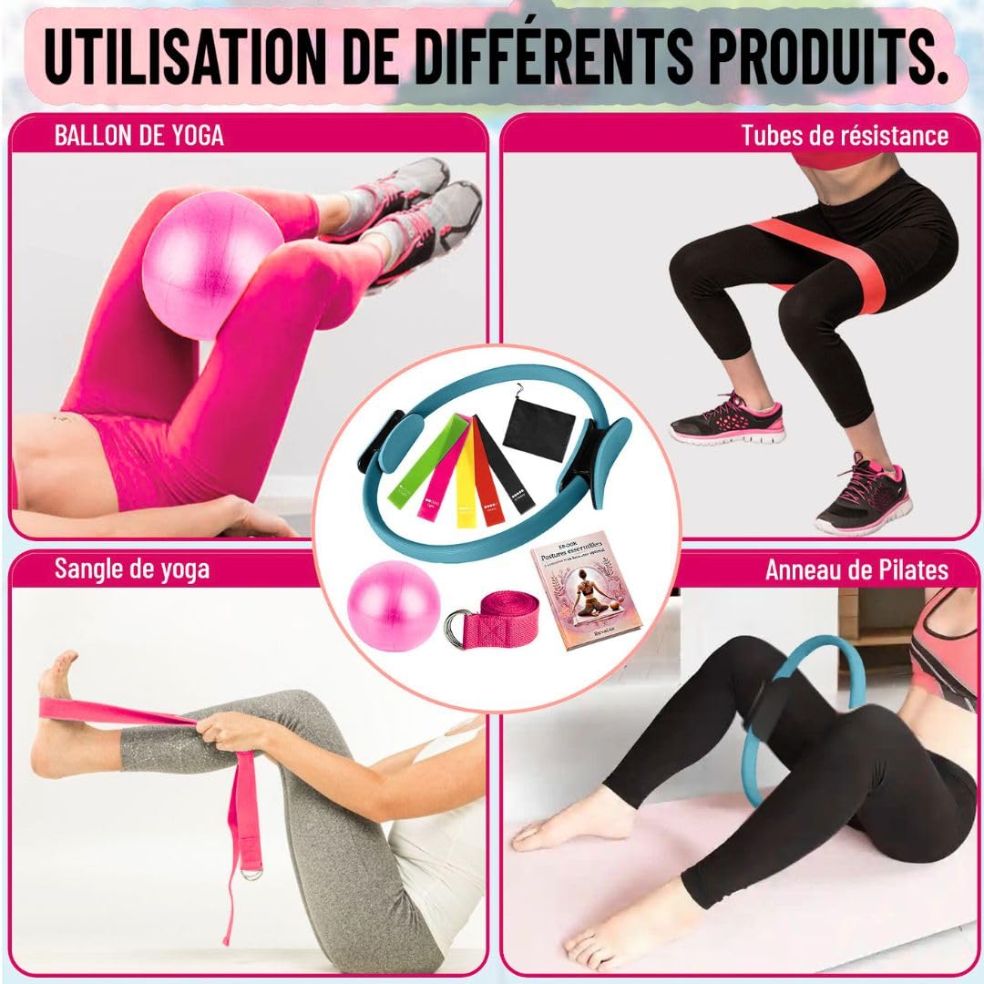 Kit Pilates Maison 8pcs, Anneau de Pilates, Ballon de Yoga, Bandes de Résistance, Sangle, Accessoires Pilates