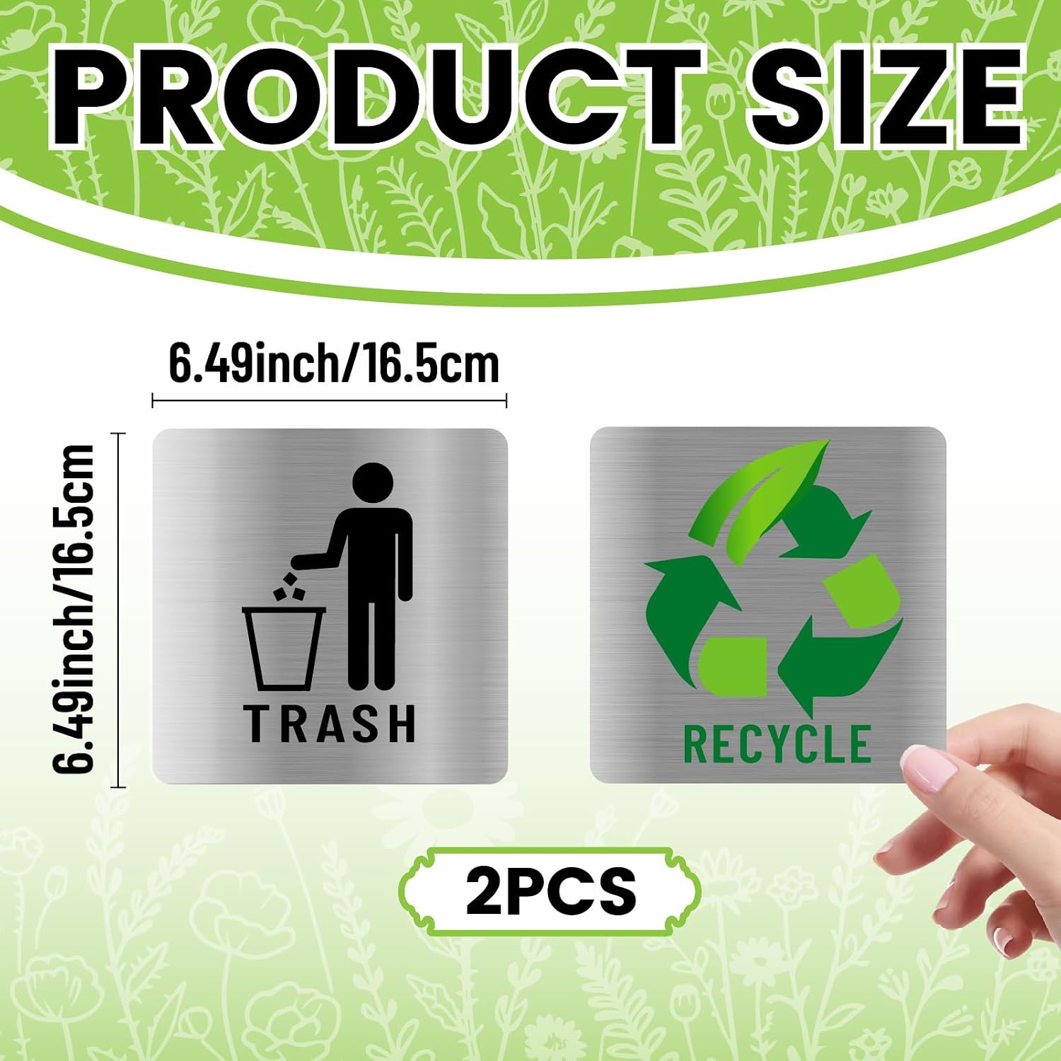 2Pcs 2 Styles Recycle and Trash Stickers Trash Bin Sign Stainless Steel Style Square Plastic Self-Adhesive Waterproof Decals 6.5 Inch for Outdoor Home Kitchen Business Office Waste Bins
