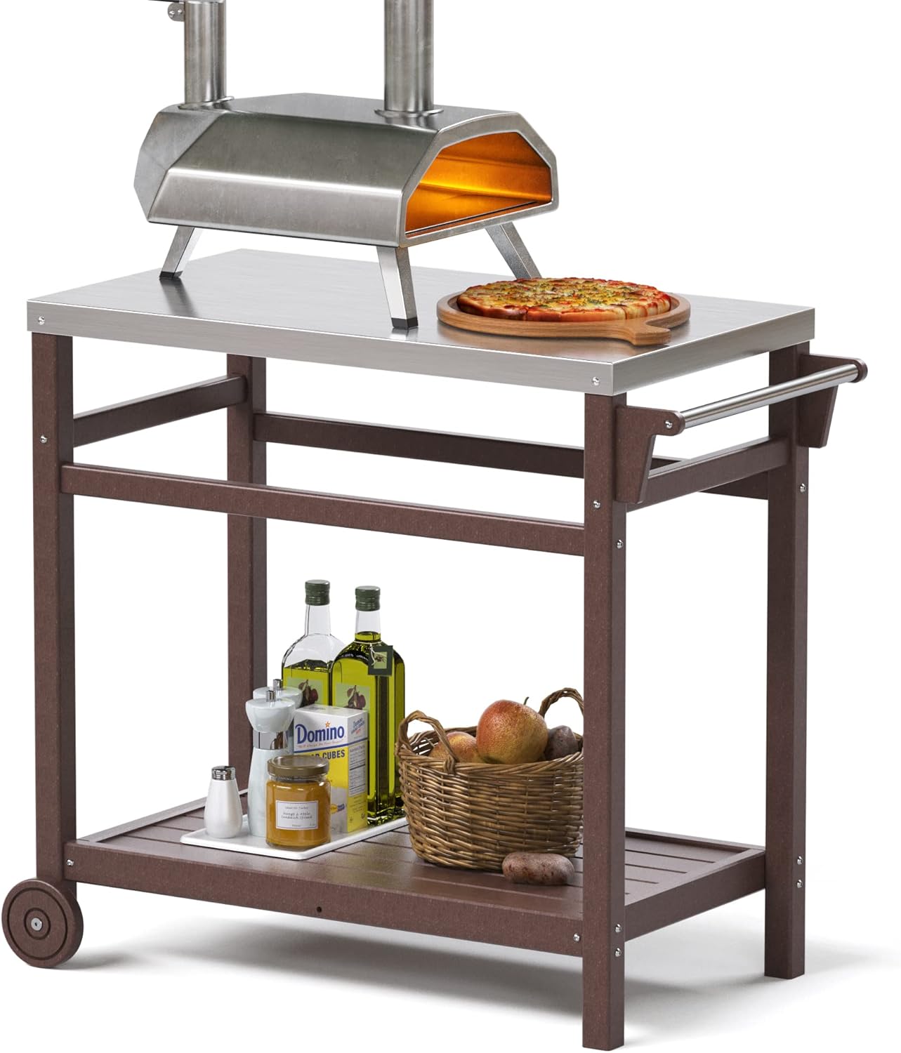 TORVA Outdoor Prep Cart,Portable Dining Table for Pizza Oven, Double-Shelf Patio Grilling Backyard BBQ Grill Cart(Brown Color)