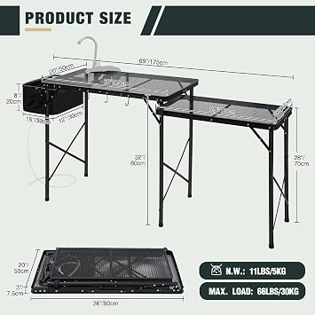 REDCAMP Lightweight Camping Kitchen Table with Sink, Metal Folding Portable Camping Cooking Station Grill Table with Hooks for Outdoor, BBQ, Party and Picnic(Faucet/Sprayer NOT Included)