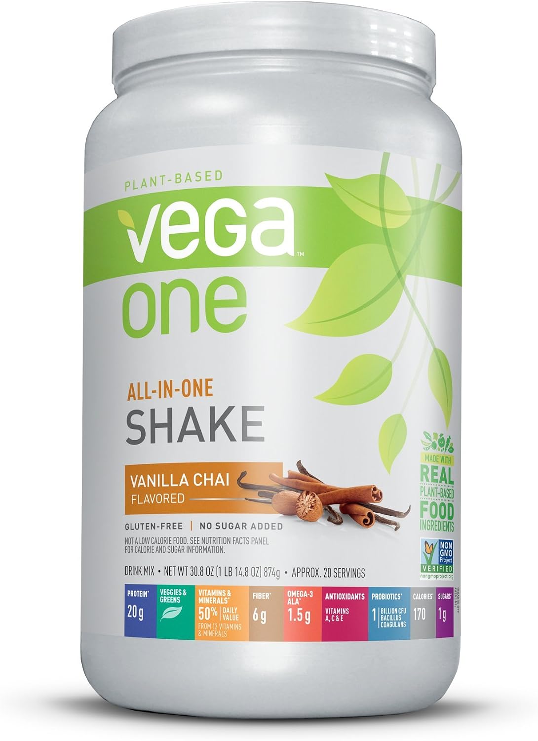 Vega One All-in-One Nutritional Shake Vanilla Chai (Tub, 30.8oz) - Plant Based Vegan Protein Powder, Non Dairy, Gluten Free, Non GMO
