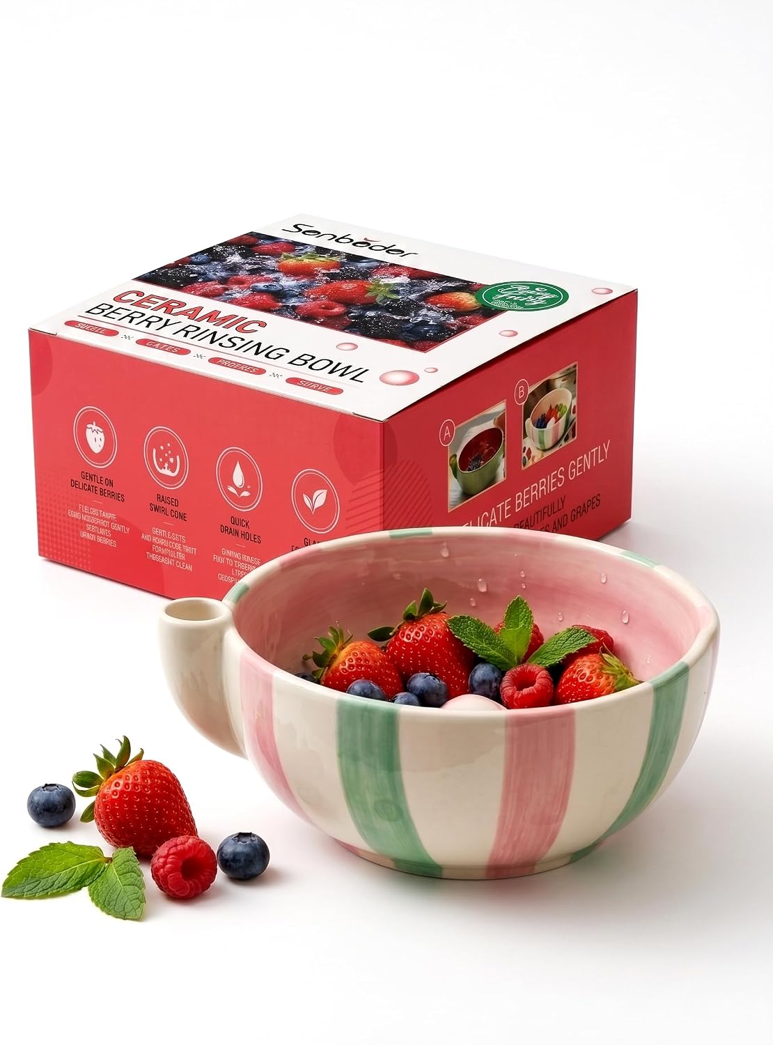 Striped Ceramic Swirl Self-Cleaning Fruit Rinsing Bowl
