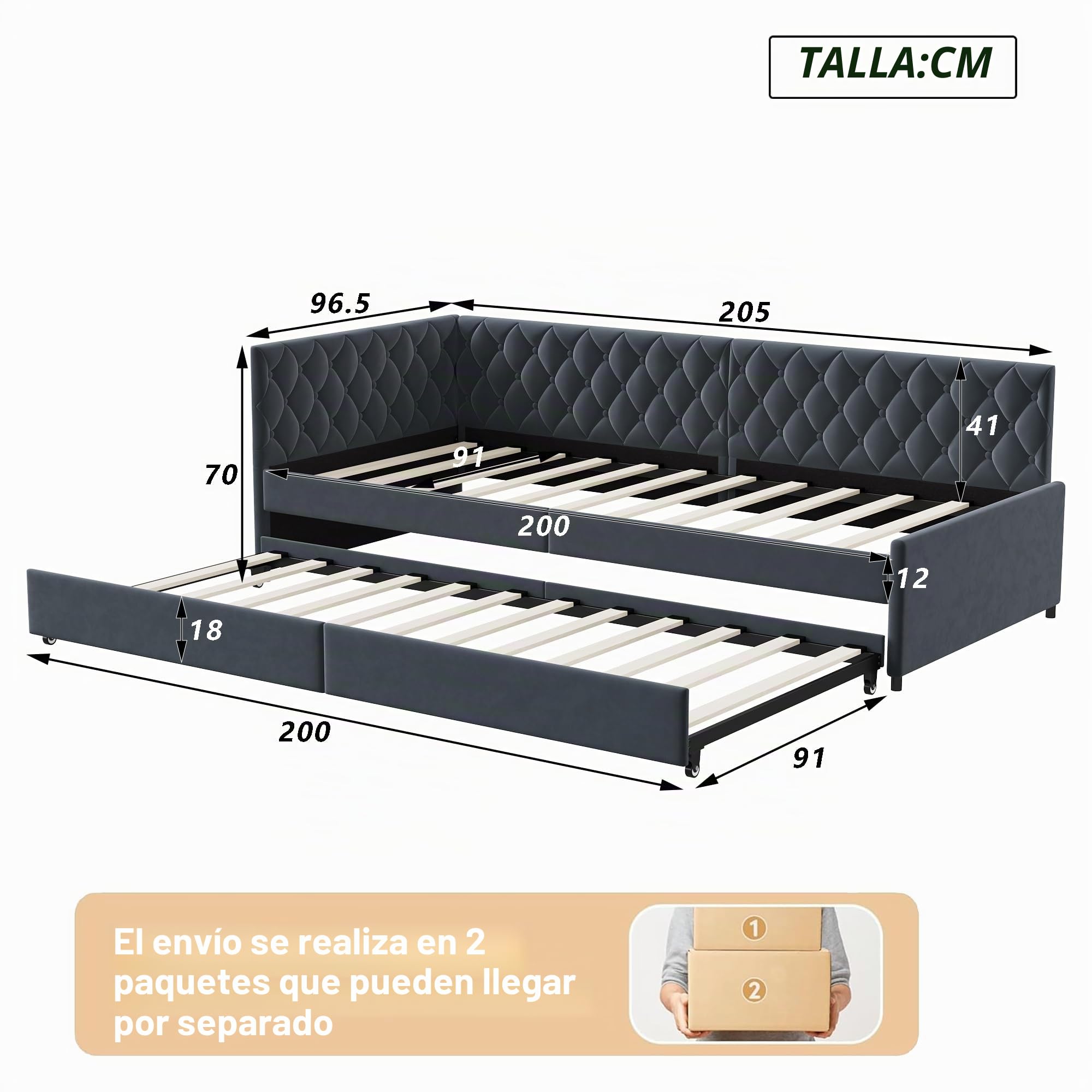 Cama de día extensible con somier de listones de madera, cama tapizada, sofá cama extensible 90/180 x 200 cm, cama individual/doble con somieres, cama multifunción (90 x 200 cm, negro B)