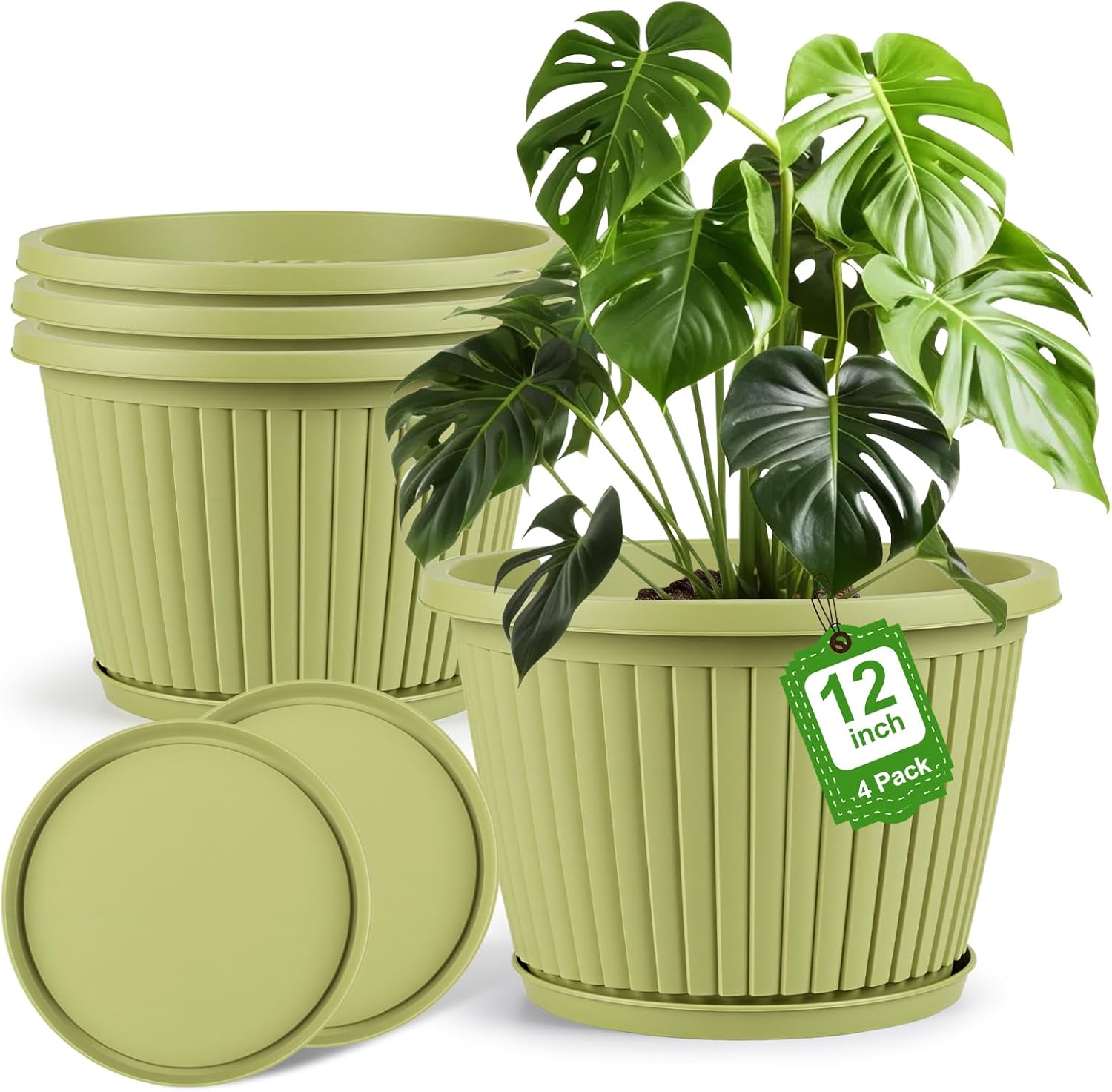12-inch-Planters-for-Outdoor-Plant，Plastic Indoor Flower Pots with Drainage Holes & Saucer，4 Packs Decorative Garden Pots for Plantfor Home Porch Decor