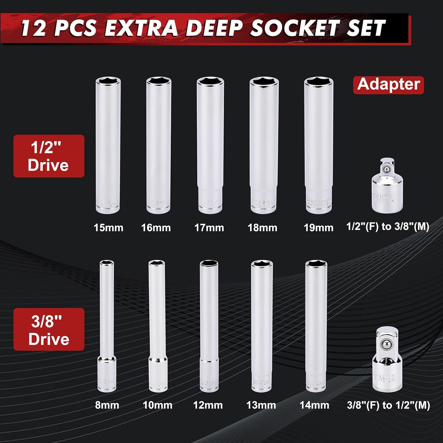 MIXPOWER 12 Pieces 3/8"&1/2" Drive Extra Deep Metric Socket Set,6 Point,8-10-12-13-14-15-16-17-18-19mm with 1/2"&3/8" Adapter,120mm Deep CR-V Socket for Automotive and Industrial Applications