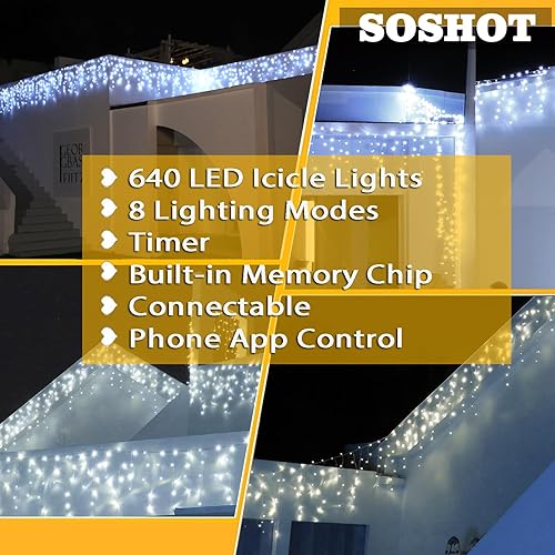 Miniatura 10 de SOSHOT Guirnalda de luces de Navidad para exteriores, 49 pies, 640 LED, 8 modos con control remoto y aplicación, luces de Navidad impermeables para