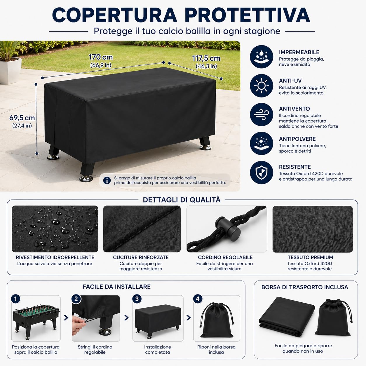Besttoolifes Telo protettivo impermeabile per tavolo da calcio per esterni e interni, 170 x 117,5 x 69,5 cm, in poliestere nero