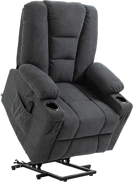 HOMCOM Oversized Riser and Recliner Chairs for the Elderly, Fabric Upholstered Lift Chair for Living Room with Remote Control, Side Pockets, Cup Holder, Charcoal Grey