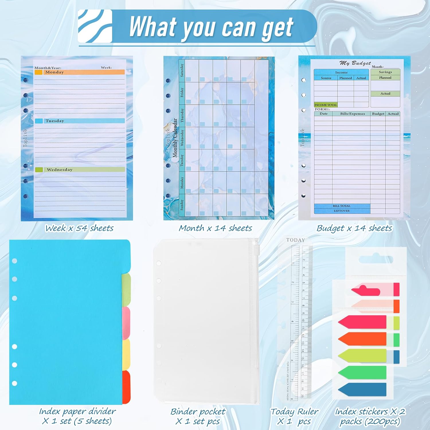 Toplive 7 Pack A5 Planner Inserts Monthly Weekly Planner Refills Paper 6 Ring Expense Budget Sheets with Cash Envelopes Divider Ruler Stickers, for A5 Planner Binder Cover, Blue Ocean Marble image 3