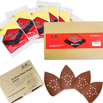 S&F STEAD & FAST Black and Decker Mouse Sander Pads 220 Grit 50 Pack, 12 Hole Hook and Loop/Tack Cloth 6 Pcs for Painting