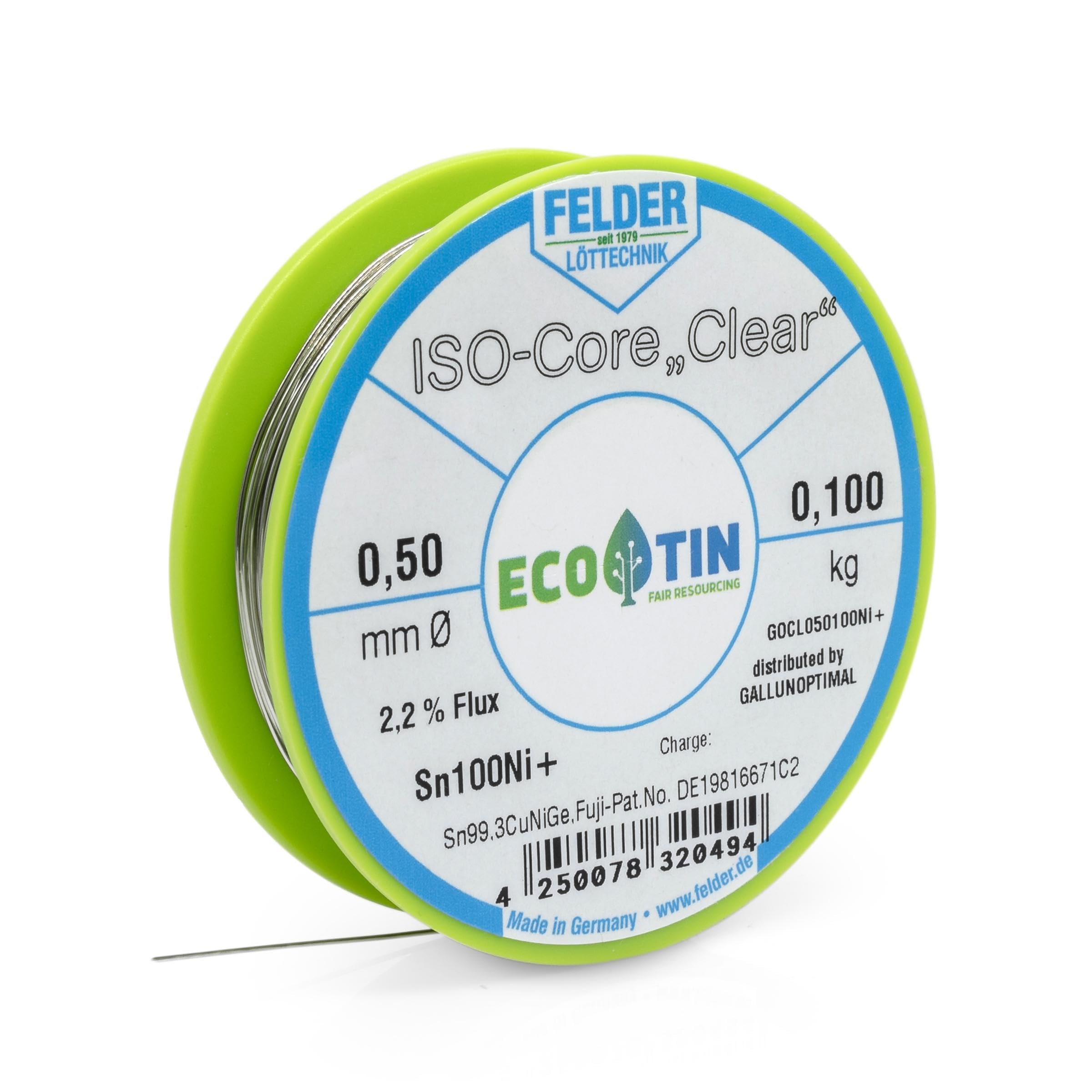 Felder FCL050100Ni+ - Filo per saldatura ISOCore, Clear Sn100Ni+ Sn99,3CuNiGe, 0,5 mm su bobina da 100 g