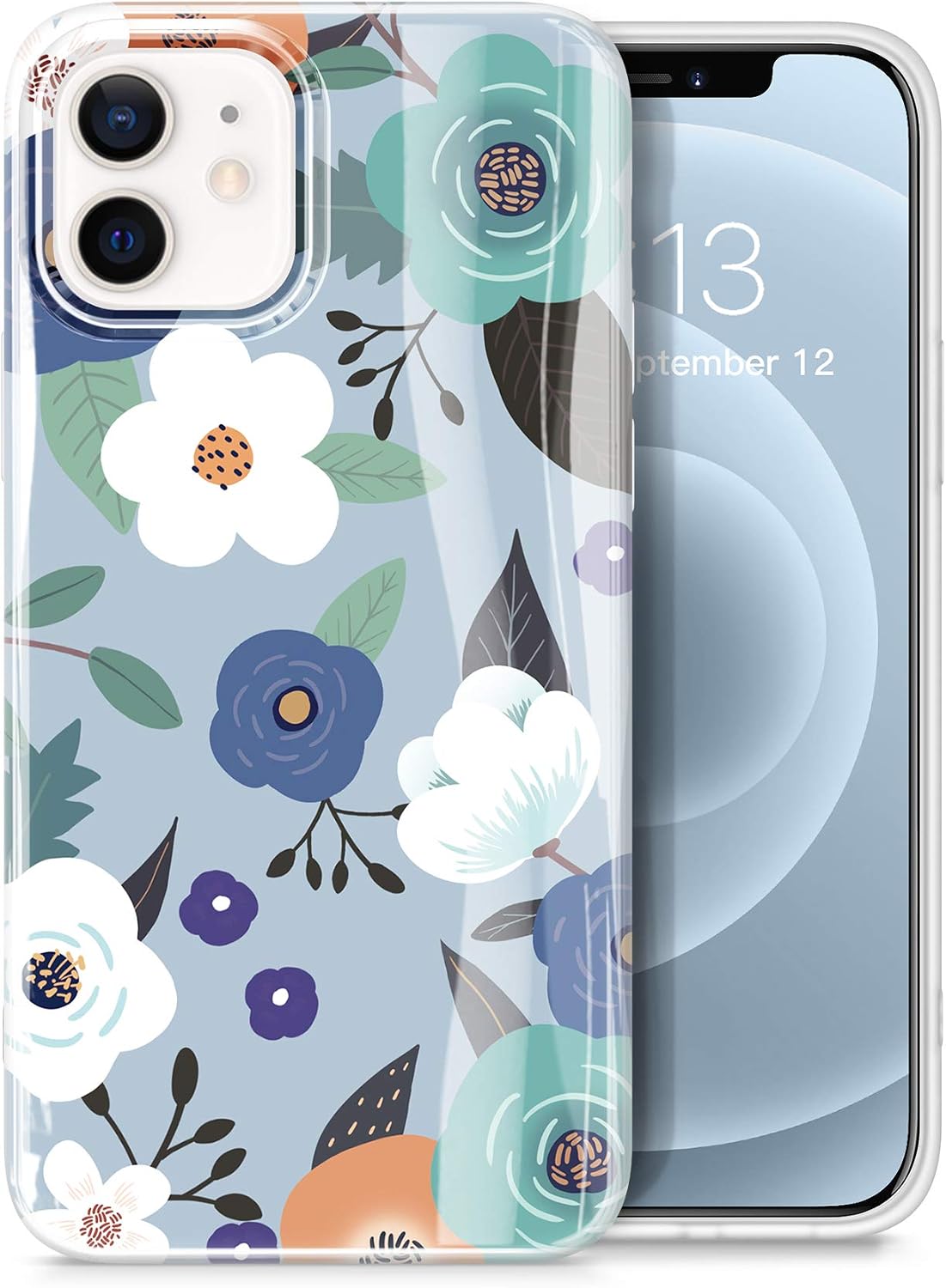 GVIEWIN Floral Case for iPhone 12 / iPhone 12 Pro 6.1 Inch 2020, Ultra Slim Thin Glossy Soft TPU Rubber Protective Cover Flower Pattern Phone Case for Women Girls (Orchid/Periwinkle)